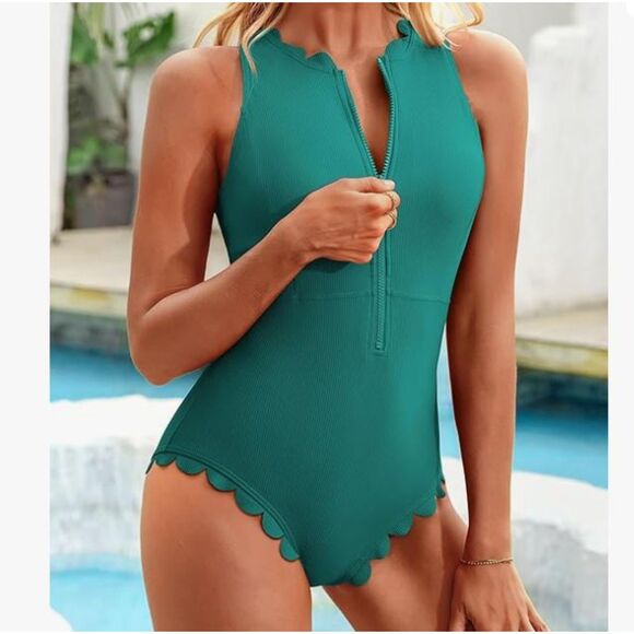 NEW Charmo Swimsuit 1 Piece Zipper Front Scalloped Edges Green Size Large - Picture 3 of 8